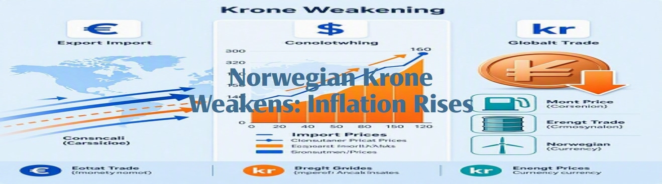 Infografikk som viser hvordan svekkelsen av den norske kronen fører til økte importpriser og stigende inflasjon. Diagrammet illustrerer valutahandel, eksport og import, energipriser og global handel med symboler for euro, dollar og krone.