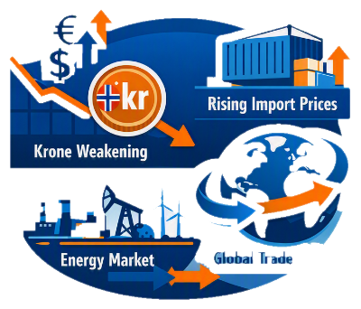 nfografikk som viser hvordan svekket norsk krone fører til økte importpriser, påvirker energimarkedet og global handel. Illustrasjonen inkluderer krone‑symbol, valutakurver, fraktskip, energiinfrastruktur og verdenskart med handelsstrømmer.