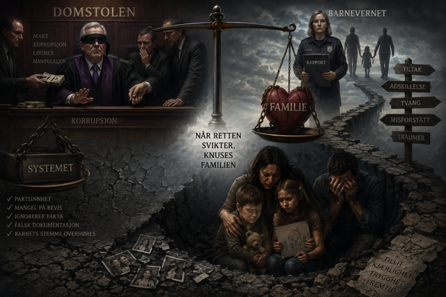 Cinematisk scene fra en tom norsk rettssal der dommerbenken er opplyst og resten ligger i skygge, som uttrykker mangel på innsyn og demokratiets blindsoner.