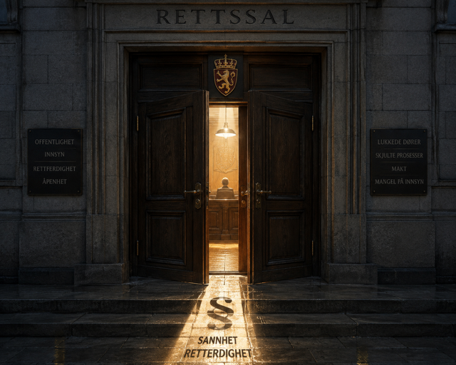 Illustrasjon av en norsk rettssal sett utenfra, med halvåpne dører og en lysstrime som symboliserer innsyn og skjulte prosesser i rettssystemet.