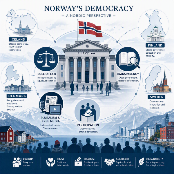 Demokrati i Norge sammenlignet med Norden – illustrasjon av rettsstat, innsyn og mediepluralisme.