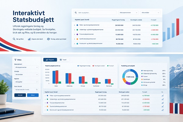 Illustrasjon av et interaktivt statsbudsjett med søk og filtre, som viser regjeringens forslag, Stortingets vedtak og forskjeller i budsjettbevilgninger.